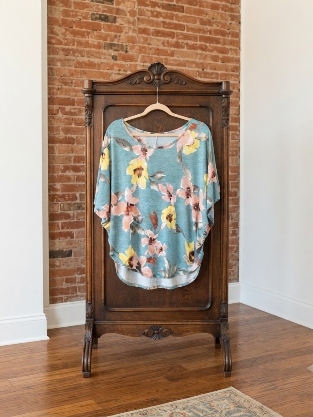 Acting Pro Teal Floral Dolman Top with Pink and Yellow Blooms